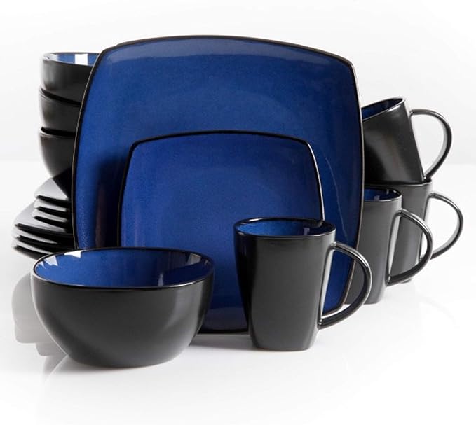Unknown1 Modern 16 Piece Squared Dinnerware Set in Blue Solid Casual Square Stoneware Microwave Safe Medium