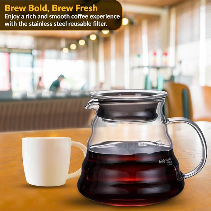 CASA BRAVA Glass Pour Over Coffee Maker Set – 28oz (850ml) Heat-Resistant Carafe with Stainless Steel Reusable Dripper Bamboo Stand &amp Measuring Spoon – Plastic-Free Drip Coffee Brewer