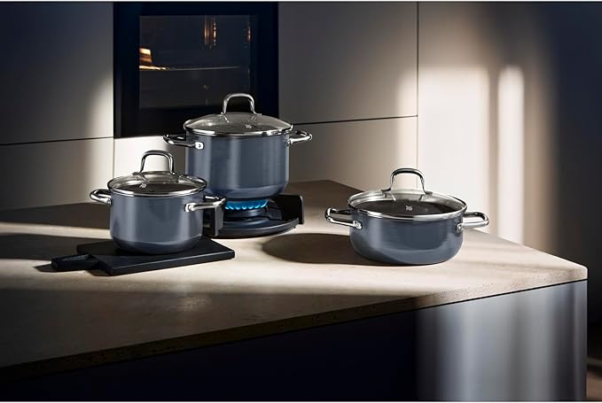 WMF Fusiontec Essential Induction 3-Piece Saucepan Set with Glass Lid Induction Pots Set High-Tech Ceramic Scratch-Resistant Uncoated No Inner Scale Drip-Free Dark Blue