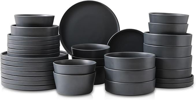 Stone Lain Celina Stoneware 32-Piece Dinnerware Set Cereal and Dinner Bowls Grey