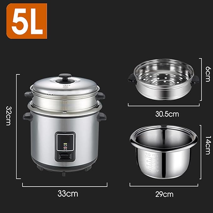 Rice Cooker - Uncoated Healthy Rice Cooker Stainless Steel Household Rice Cooker Steam Up and Down Boil Digital Slow Cooker Thickened Liner Rapid Heat Conduction(5L)