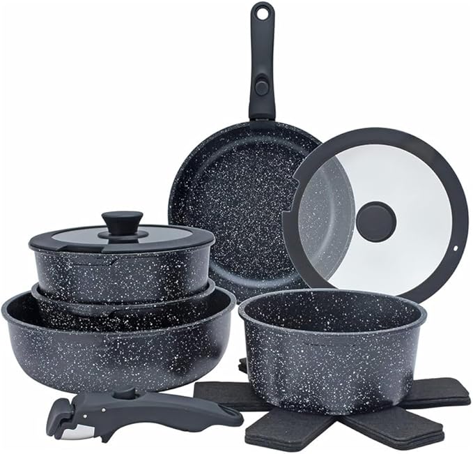 Pots and Pans Set Healthy Safe Ceramic Nonstick Kitchen Cookware with Soft Touch Removable Handle CookwareCream DiamondOne-Black-One