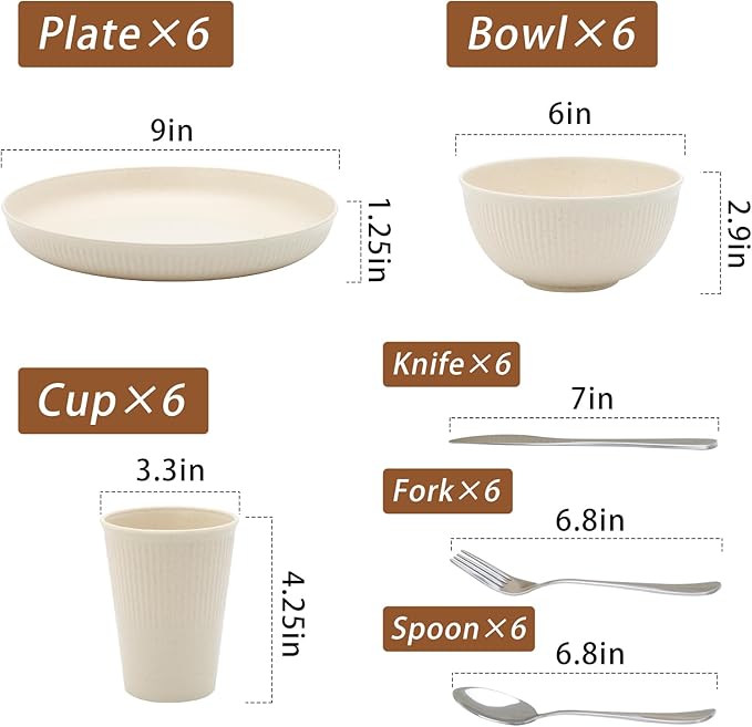 36pcs Reusable Wheat Straw Dinnerware SetsUnbreakable Dinnerware Cups Plates and Bowls SetsDurable Kitchenware Dishes Set for Home Office TravelPicnic