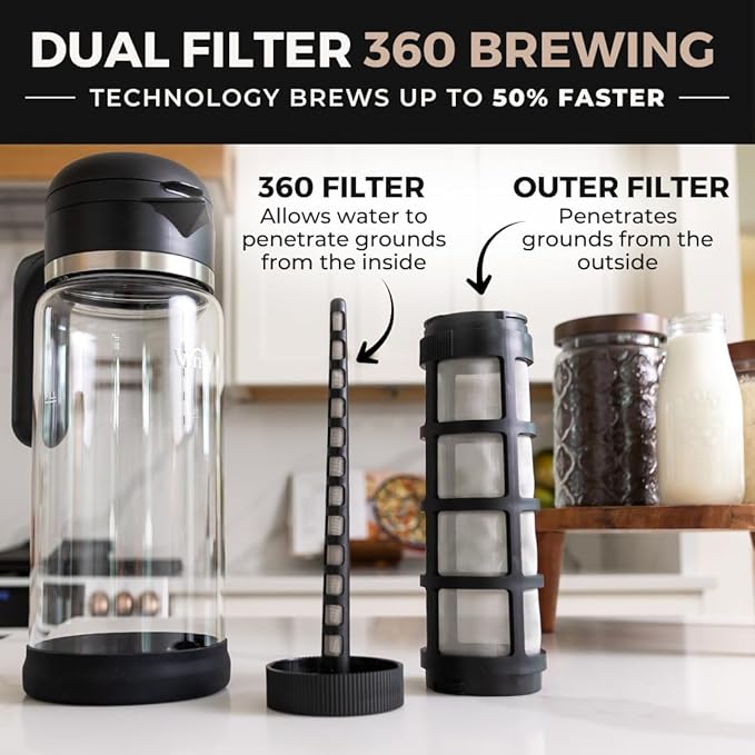 VINCI Cold Brew 360 Glass Cold Brew Coffee Maker Featuring Patented Dual Filter 360 Brewing Technology Cold Brew for Iced Coffee (1.4 Liter / 47 FL.OZ)