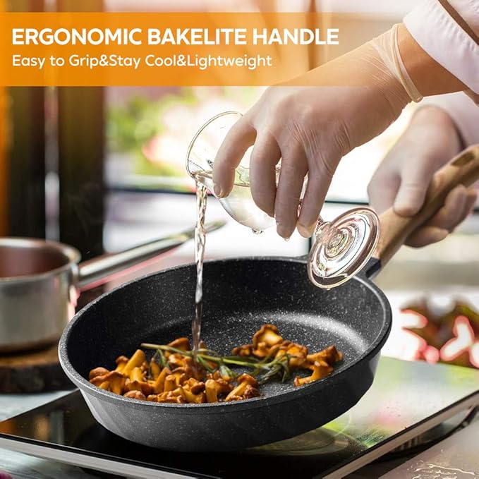 YIIFEEO Non Stick Frying Pan Set - Stone Skillet Set Kitchen Omelette Pans Induction Chef' Pan Grainte Cookware Set Nonstick Frying Pans with Lid(8inch&amp9.5inch&amp11inch)