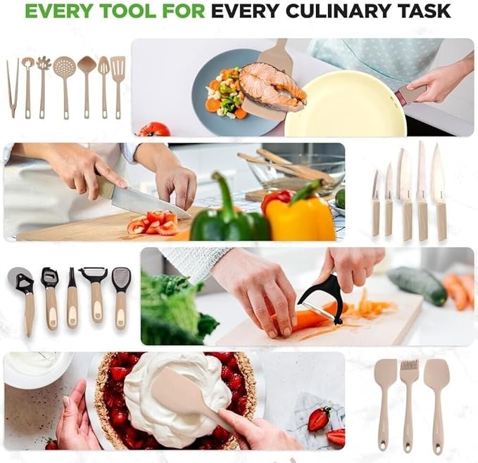 75-Piece Non-Stick Ceramic Cookware Set - Complete Pots and Pans with Bakeware Utensils Knife Set &amp Accessories - Stain-Resistant Food-Grade Safe Elegant Cream/Brown Design