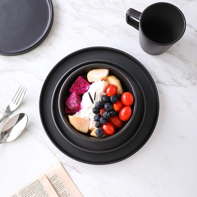 TRP 16 Piece Black Stoneware Dining Set - Includes Dinner Plates Salad Plates Bowls and Cups
