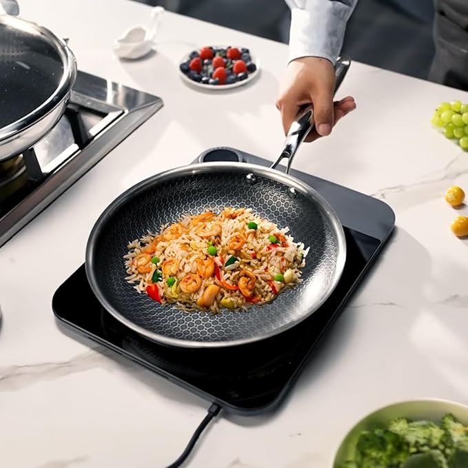 Nonstick Frying Pan Set 8 10 and 12-inch Frying Pans 6-Piece Hybrid Non stick 18/10 Stainless Steel Pans with Lid Induction Compatible Dishwasher &ampOven Safe PFOA Free