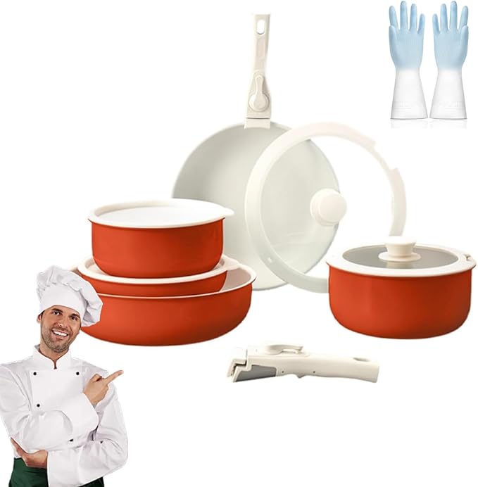 Cookware Set 5/11 Piece Utensils Cookware Set Removable Handle Pots and Pans Set Easily Clean Compatible With All Stovetops for Kitchen (Orange5 PCS)