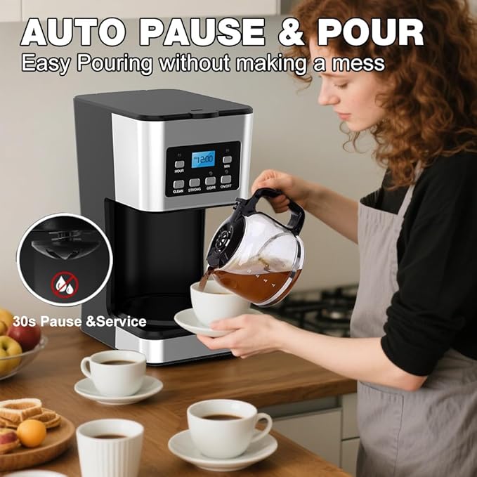 12-Cup Programmable Coffee Maker Regular &amp Strong Brew Drip Coffee Machine for Home and Office Glass Carafe Pause &amp Serve Auto Shut Off Gray &amp Stainless Steel (Black)