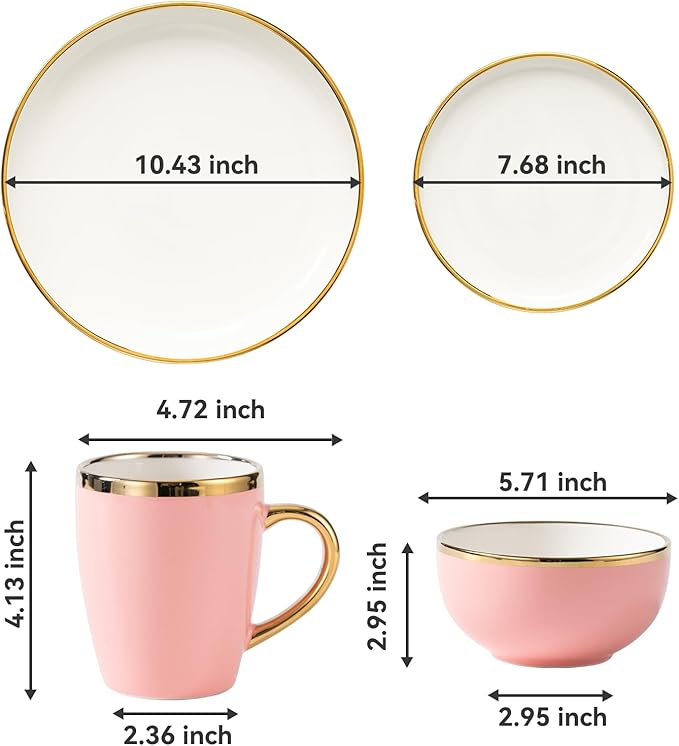 Stoneware Tableware Set for 4 Ceramic Dinnerware Sets with Gold Trim Including 10.5 Dinner Plates 7.75 Dessert Plates 6 Dinner Plates and 14oz Coffee Cups Porcelain (Pink Glod)