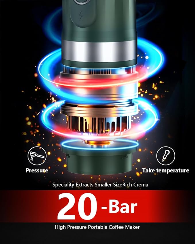 Portable Espresso Machine 3Minute Auto Heat12V Rechargeable Electri Coffee Maker 20 BaCompatible with NS DG Capsules and GroundCoffee for Camping Travelling RVing HikingandOffice (Green)