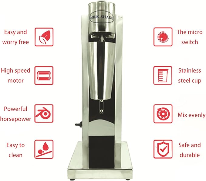 Milkshake MakerElectric Drink Mixer Commercial Milkshake Blender2 SpeedsStainless Steel 180W 18000RMP Speed Adjustable with Mixing Cup