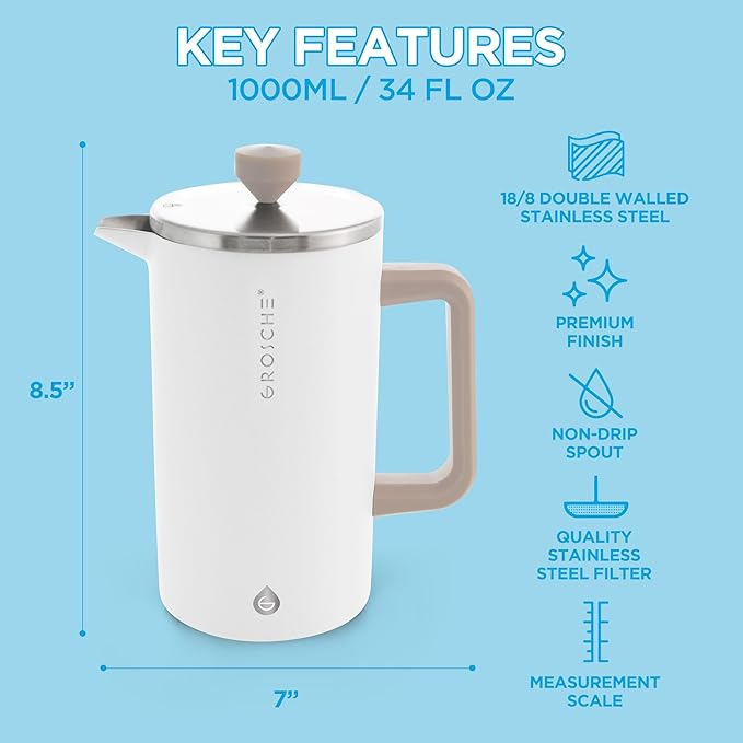 GROSCHE Dub'lin Stainless Steel Coffee Maker French Press 8 Cup | 34 FL Oz Coffee Press 18/8 Double Walled Stainless Steel French Press Coffee Maker - Hot/Cold Brew | Stainless French Press - WHITE