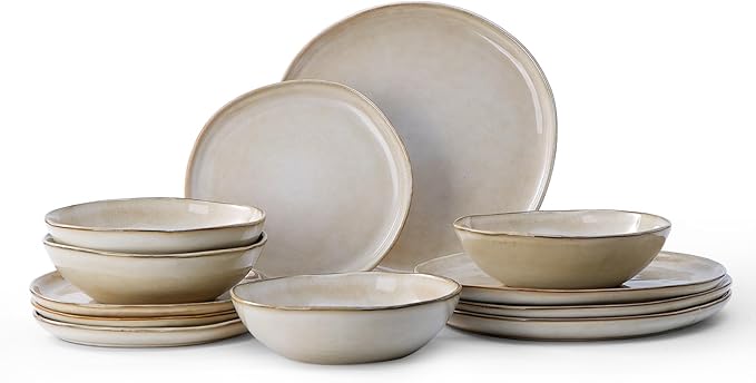 Bestone 12 Piece Round Kitchen Dinnerware SetsPlates and Bowls setsDishes Plates Bowls Dish Set Chip Resistant Ceramic Dinnerware Set Dishwasher/Microwave SafeService for 4Brown