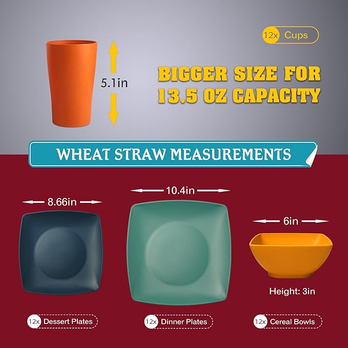 Teivio 48-piece Kitchen Plastic Wheat Straw Square Dinnerware Set for 12 Unbreakable Dinner Plates Salad Plates Snack Bowls Tumblers 13.5 oz Dishwasher Safe Autumn Multicolor