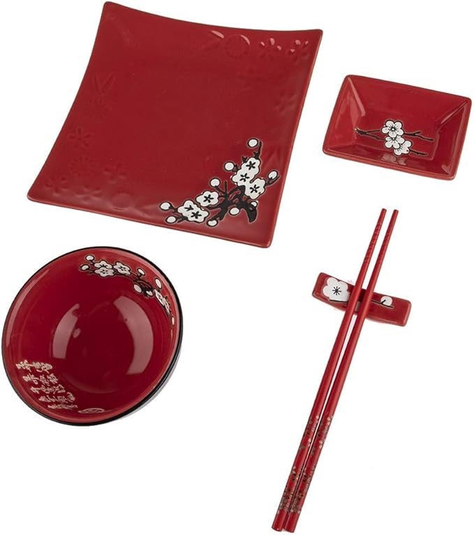 Japanese Dinner Set - 10 Pieces Red Floral Pattern