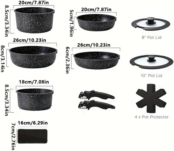 13 Piece Kitchen Black Pots and Pans Set Safe Nonstick Kitchen Cookware with Removable Handle Cookware Set Oven SafeA13Pcs