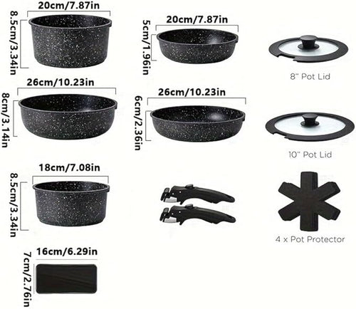 13 Piece Kitchen Black Pots and Pans Set Safe Nonstick Kitchen Cookware with Removable Handle Cookware Set Oven SafeA13Pcs