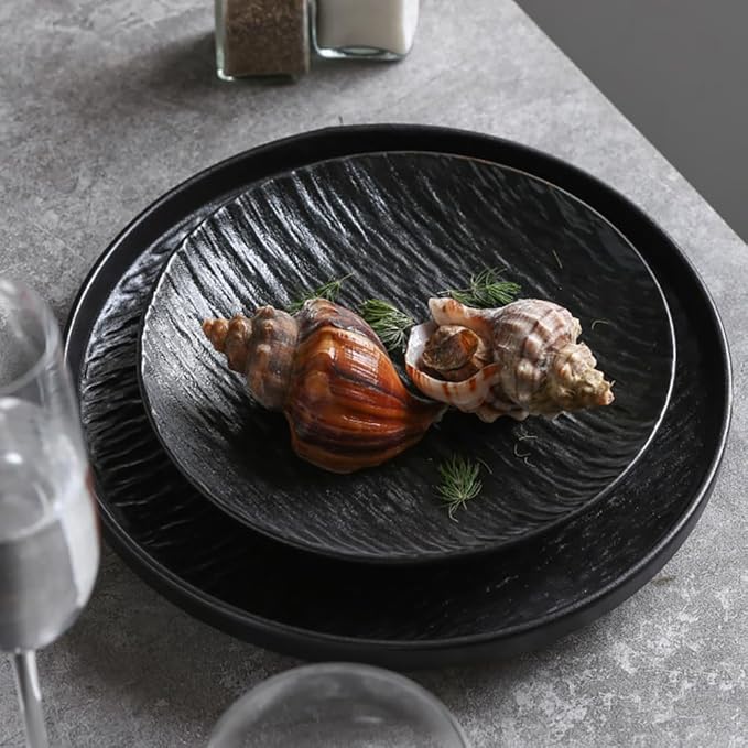Wabi Sabi Stone Texture Ceramic Dinnerware Set 16-Piece Matte Bowl &amp Plate Set - 10” &amp 8” Plates Bowl Cups - Minimalist Stoneware for Modern Dining (Black/White) (black)