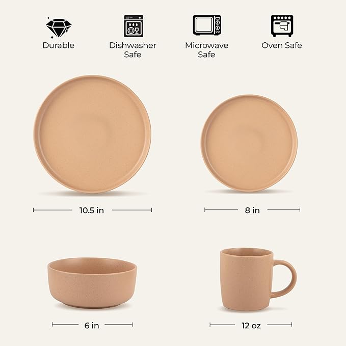 Zulay Kitchen Terra Stoneware 32-Piece Dinnerware Set Artisanal Ceramic Plates and Bowls Set Crafted at 2300℉ - Service for 8 Terracotta Clay