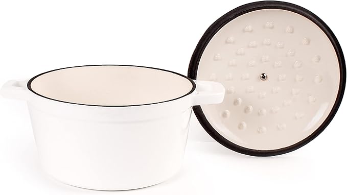 BergHOFF 3Pc Neo Enameled Cast Iron Cookware Set 3qt. Dutch Oven Matching Lid Fry Pan 10 Inches Oven Safe Up To 400°F White