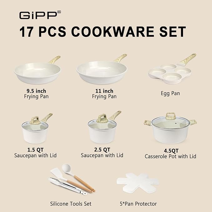 GiPP Ceramic Pots and Pans Set Non Stick - 17 Pcs Nonstick Cookware Set Non-toxic Healthy Kitchen Cooking Set/Frying Pans Set Dishwasher Safe PFAS PTFE PFOA PFOS Free Cream White