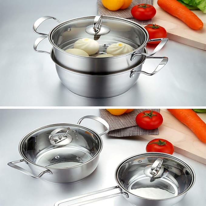 Cookware Set3-Piece Stainless Steel Pot &amp Pan Sets Induction Safe Saucepan Casserole Milk Pot with Glass lidComfortable HandleSuitable for Gas and Induction Cooke