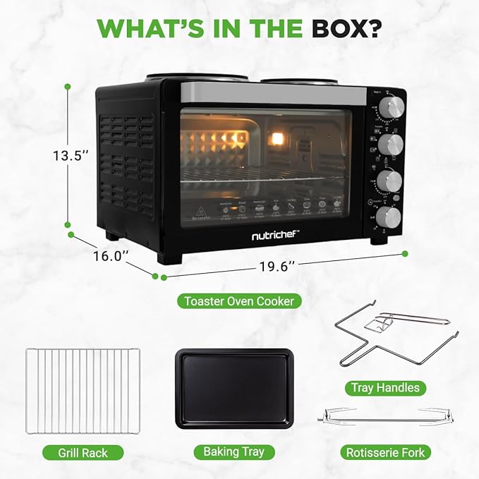 NutriChef 30 Quart Kitchen Convection Oven &amp 2 Burner Cooker - 1500 Watt Oven - 7 Cook Functions Rotisserie Cook Bake Broil &amp More - Includes Baking Tray Skewers &amp Handles - 19.6 x 16.