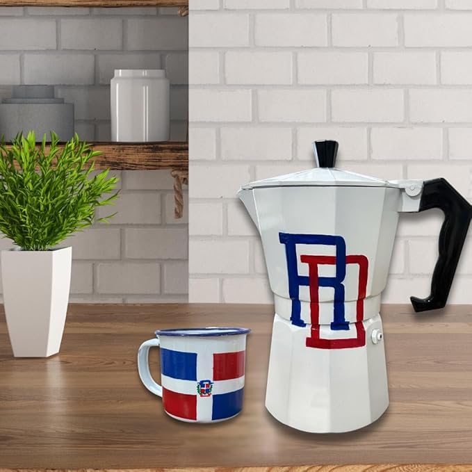 Hand-painted Dominican Coffee Maker Set -RD Flag Design Handcrafted Aluminum (6 Cups) for Serving Only