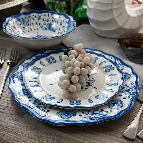 12 Piece Blue Floral Melamine Dinnerware Set – Lightweight Chip Resistant Plates and Bowls with Scalloped Design