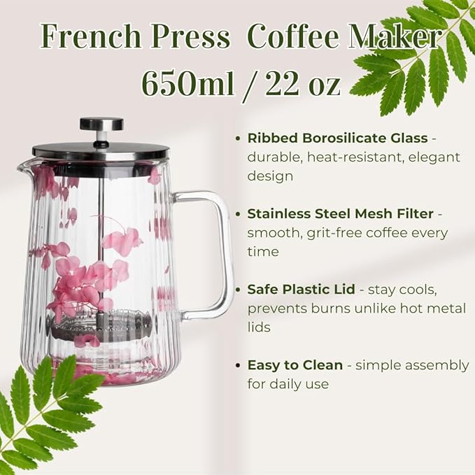Glass French Press Coffee Maker 22oz (Pink Floral) – Double-Wall Borosilicate Ribbed Coffee Press with Stainless Steel Filter Manual Coffee Brewer &amp Tea Press