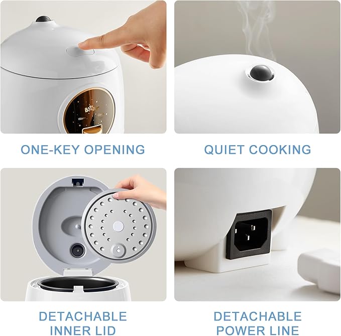 Bear Mini Rice Cooker 2 Cups Uncooked 1.2L Portable Non-Stick Small Travel Rice Cooker BPA Free One Button to Cook and Keep Warm Function White