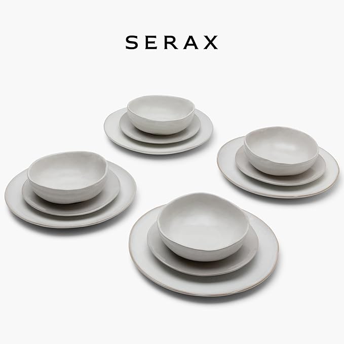 Serax 12-Piece Dinnerware Set for 4 | La Mère tableware by Marie Michielssen | 4 white Dinner Plates 4 Small Plates 4 Bowls | Stoneware Home Kitchen Essentials Sets | Dishware and Dishes