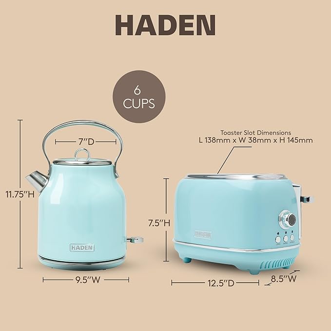Haden Heritage 1.7 Liter Stainless Steel Electric Tea Kettle with Heritage 2 Slice Wide Slot Stainless Steel Bread Toaster Turquoise