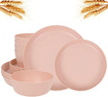 EI 12pcs Pink Wheat Straw PlatesWheat Straw Dinnerware Set for 4Plates and Bowls SetsPlastic Plate ReusableUnbreakable Plastic Plate MelamineCamping Family Dishes Set
