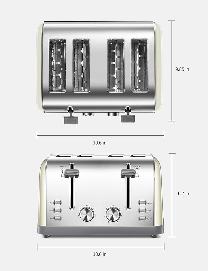 Toaster 4 Slice Extra Wide Slots Stainless Steel with High Lift Lever Bagel and Muffin Function Removal Crumb Tray 7-Shade Settings with Warming Rack Silver Yabano