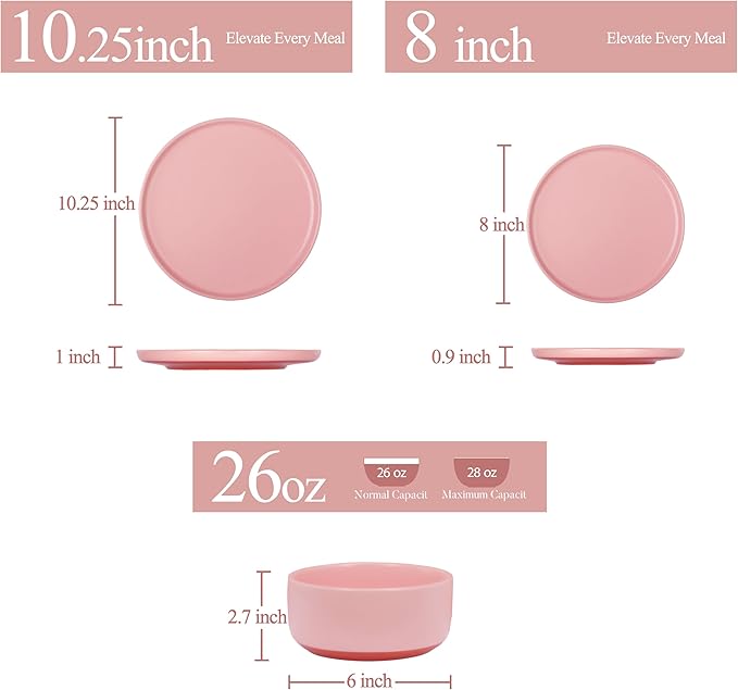 24 Piece Dinnerware Set Dual Glaze Stoneware Plates and Bowls Sets Modern Dinner Plate Salad Plate Cereal Bowl Dish Set for 8 Microwave and Dishwasher Safe Pink