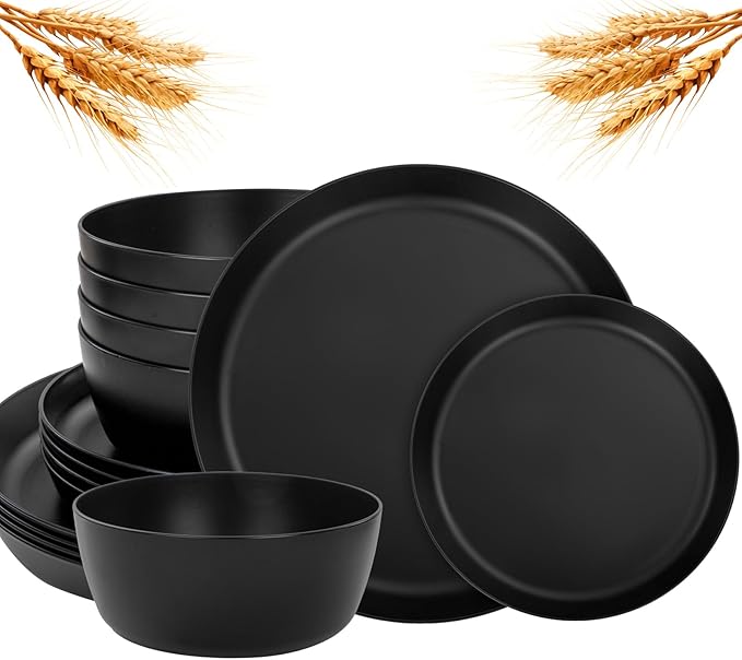 EI 12pcs Wheat Straw Dinnerware Set of 4Plates and Bowls SetsPlastic Plate Reuasble UnbreakableHeavy Duty Plastic Plates for CampingPicnincFamily Dinner