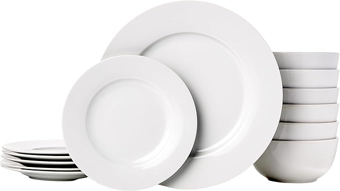 Amazon Basics Porcelain Dinnerware Set Microwave and Dishwasher Safe Service for 6 18-Piece Plates Bowls White