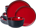 LEHAHA Melamine 12-Piece Modern Dinnerware Set Kitchen Plates and Bowls Sets Luxury 2 tone Red and Black Ceramic look Dish Set for 4.Christmas Luxury dinnerware dishes set.