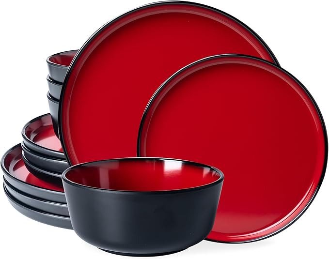 LEHAHA Melamine 12-Piece Modern Dinnerware Set Kitchen Plates and Bowls Sets Luxury 2 tone Red and Black Ceramic look Dish Set for 4.Christmas Luxury dinnerware dishes set.