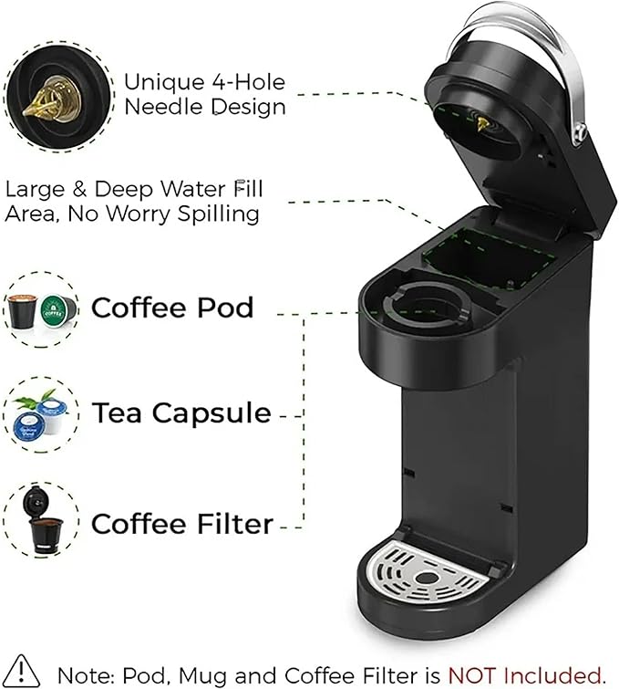Single Serve Coffee Maker Slim One Cup Brewer with Reusable Filter Compact Pod Coffee Machine 6-12oz