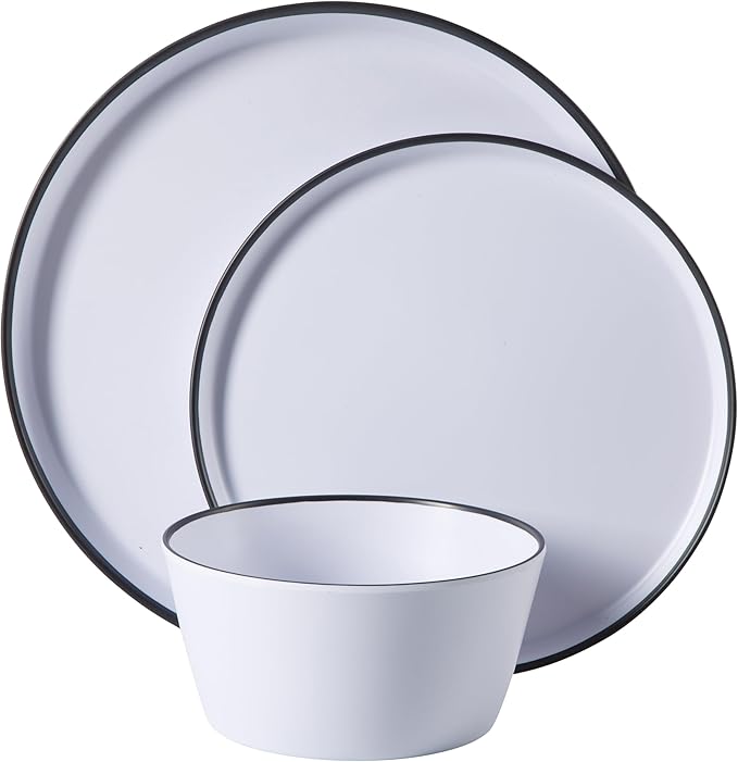 Gibson Home Folsom Shores 12 Piece Unbreakable Modern Melamine Plates and Bowls Dinnerware Set - Outdoor Camping &amp Everyday Use - White W/Black Rim