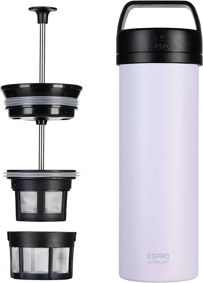 ESPRO P0 Ultralight French Press Coffee Maker for Travel Vacuum Insulated Stainless Steel 16 Ounces Light Pink