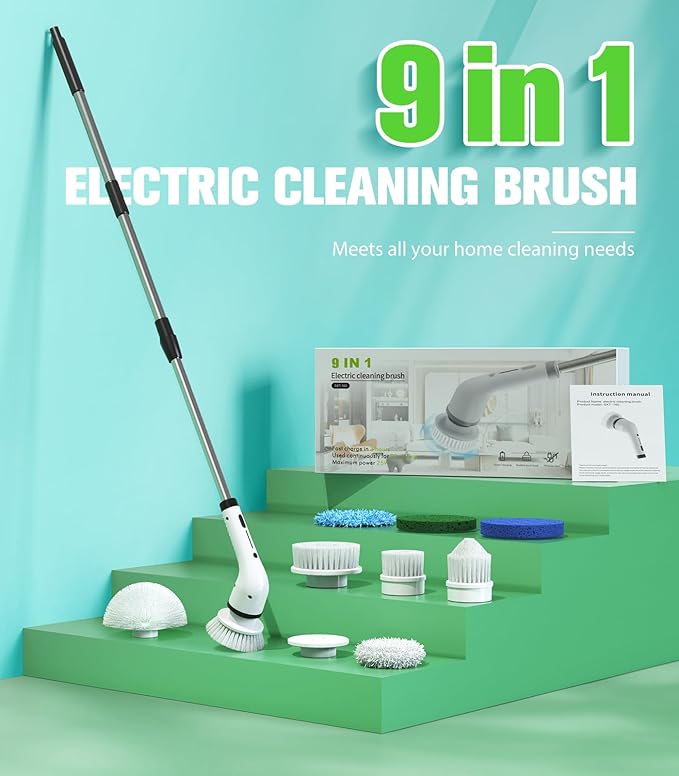 Electric Spin Scrubber for CleaningCordless Waterproof Bathroom Shower Brushes with 9 Heads1.5H Power Dual Speed Cleaner with Extendable Handles for Bathtub Floor Kitchen Wall