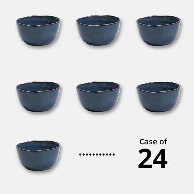 Organic Shape Highland Ceramic Cereal Bowl 24pcs 5.5 Inch Handmade Reactive Glaze Stoneware Rice bowl with Wavy Edge for Kitchen Microwave &amp Dishwasher Safe Scratch Resistant-Blue
