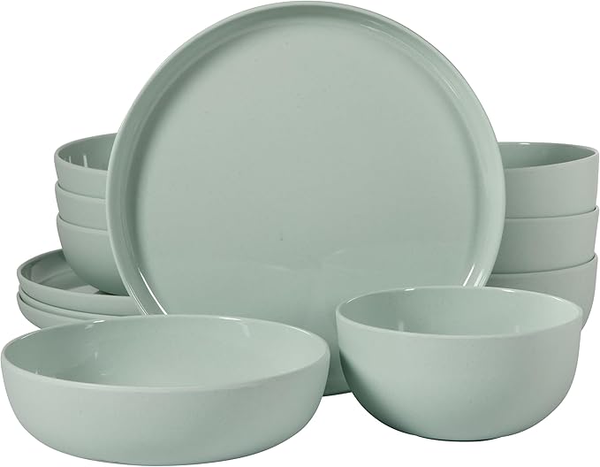 Gibson Home Candy Skies 12 Piece Unbreakable Wheat Straw Melamine Plates and Bowls Dinnerware Set - Outdoor Camping &amp Everyday Use - Matte Exterior/Shiny Interior Green