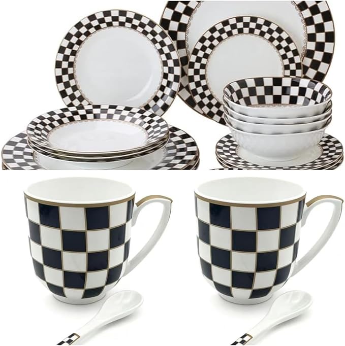 Porlien Checker Dinnerware Sets for 4 &amp Mug Sets for 2