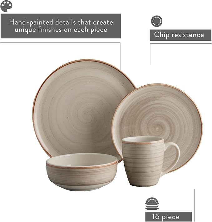 Corona 16-piece Rustic Aestethic Hand-Painted Versatile Ceramic Dinnerware Sets | Plates Bowls and Mugs | Service For 4 | Gray Caoba